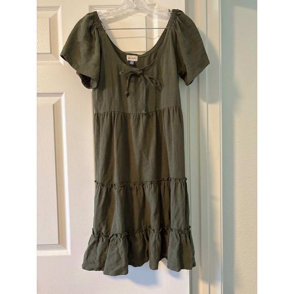 Yarn & Sea Mini Dress Womens XS Olive Green Excellent Tiered Linen Blend Boho
